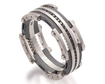 Gold Wedding Band, Men&#39;s 18K White Gold and Black Diamond Wedding band, steampunk , Wedding ring, black and gold ring, steampunk band, 3D