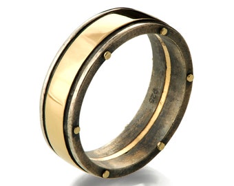 Gold Wedding Band, Men's 18K Gold and Oxidized Silver Wedding band, steampunk, Wedding ring, black and gold ring