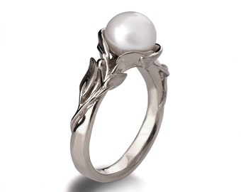 Leaves Engagement Ring, White Gold and Pearl engagement ring, leaf ring, June Birthstone, art nouveau, vintage, pearl leaf ring, 10