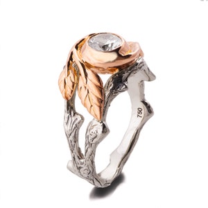 Twig and Leaf Engagement Ring, 18K Rose Gold and Diamond engagement ring, Unique Engagement ring, Leaves diamond ring