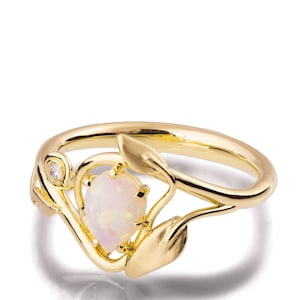 Anello di fidanzamento opale, anello opale in oro giallo 18 carati, gioielli opali, anello di fidanzamento unico, anello opale australiano, anello opale foglie, anello foglia