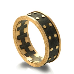 Gold Wedding Band, Men&#39;s 18K Gold and Oxidized Silver Wedding band, steampunk, Wedding ring, black and gold ring, Men Wedding band