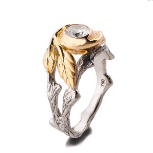 Twig and Leaf Engagement Ring, 18K Yellow Gold and Diamond engagement ring, Unique Engagement ring, Leaves diamond ring