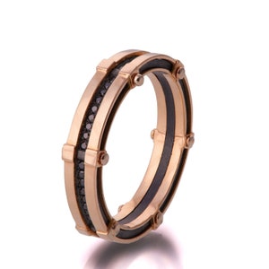 Gold Wedding Band, Men&#39;s 18K Rose Gold and Black Diamond Wedding band, steampunk , Wedding ring, black and gold ring, Wedding band