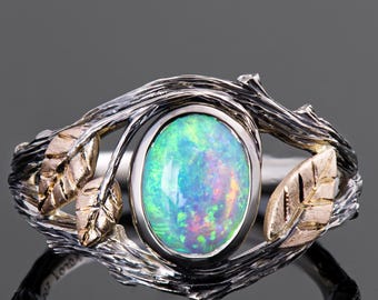 Twig and Leaf 18k Gold Opal Engagement Ring, White and Yellow Gold