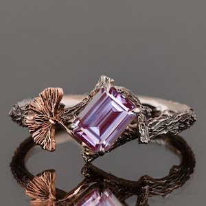 Twig and Ginkgo Leaf Engagement Ring Set with Emerald Cut Alexandrite