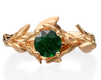 Leaves Engagement Ring, 18K Rose Gold and Emerald engagement ring, May Birthstone