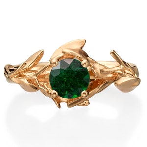 Leaves Engagement Ring, 18K Rose Gold and Emerald engagement ring, May Birthstone