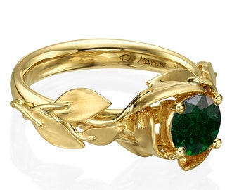 Leaves Engagement Ring, 18K Yellow Gold and Emerald engagement ring, engagement ring, leaf ring, May Birthstone