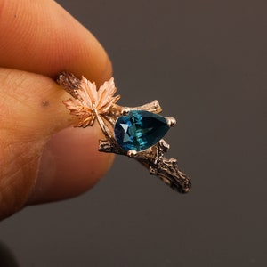 Teal Sapphire Ring, Twig and Leaf Engagement Ring, Twig Engagement Ring, Maple Leaf Teal Sapphire Ring, Leaves Ring, Twig Ring