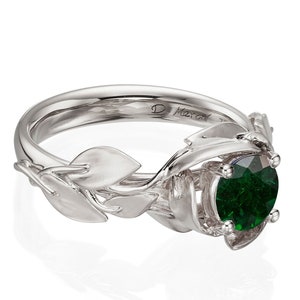 Leaves Engagement Ring, 18K White Gold and Emerald engagement ring, engagement ring, leaf ring, May Birthstone