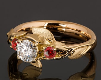 Solid 18k Gold Multi Stone Diamond and Rubies Leaf Engagement Ring