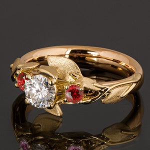 Solid 18k Gold Multi Stone Diamond and Rubies Leaf Engagement Ring