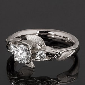 Solid 18k White Gold Diamonds and Leaves Engagement Ring