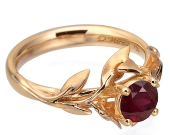 Leaves Engagement Ring, 18K Rose Gold and Ruby engagement ring, engagement ring, leaf ring, antique, art nouveau, July Birthstone