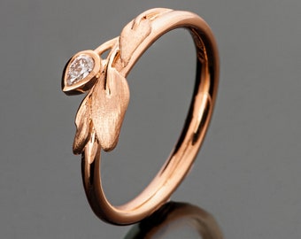 Solid 18k Rose Gold Leaves Ring Set with Pear Shaped Diamond