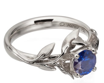 Blue Sapphire Leaves Engagement Ring, 18K White Gold and Sapphire engagement ring, engagement ring, leaf ring, September Birthstone