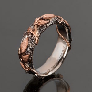 Twig and Leaf Wedding Ring, 18K Rose Gold Bark Wedding Ring, bark wedding ring
