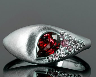 Multi Stone Pear Ruby and Diamonds Signet Ring