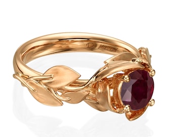 Leaves Ruby Ring, 18K Rose Gold and Ruby engagement ring, unique engagement ring, leaf ring