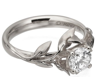 Solid 18k White Gold Leaves Diamond Engagement Ring