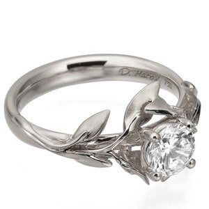 Solid 18k White Gold Leaves Diamond Engagement Ring