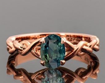 18k Rose Gold Oval Teal Green Sapphire Braided Engagement Ring