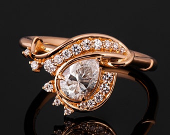 Rose Gold Twisting Vines Pear Diamond and Halo Engagement Ring