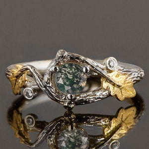 Twig and Oak Leaf Moss Agate Engagement Ring, Oak Engagement Ring