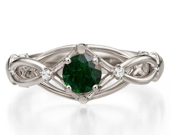 Braided Engagement Ring, Emerald and Diamond engagement ring, white gold emerald ring, engagement ring, celtic ring, three stone ring, 9