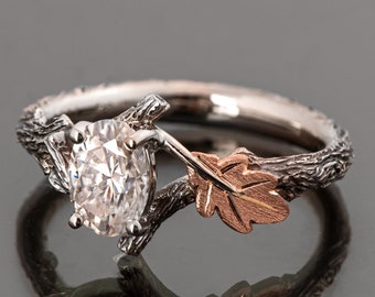 Twig and Oak Leaf Engagement Ring, Elven Oak Leaf Ring, Oak Tree Diamond Ring