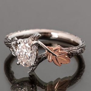 Twig and Oak Leaf Engagement Ring, Elven Oak Leaf Ring, Oak Tree Diamond Ring