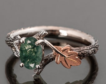 Twig and Oak Leaf Oval Moss Agate Engagement Ring, Oak Engagement Ring