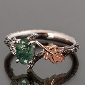 Twig and Oak Leaf Oval Moss Agate Engagement Ring, Oak Engagement Ring