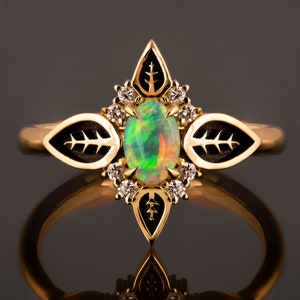 Solid Gold Opal Engagement Ring with Black Leaves
