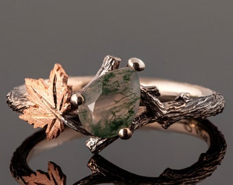 Tree Branch and Maple Leaf Moss Agate Engagement Ring, Twig and Maple Leaf Moss Agate Ring