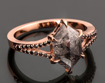 Solid 18k Rose Gold Salt & Pepper Hexagon Cut Diamond Engagement Ring