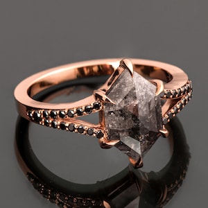 Solid 18k Rose Gold Salt & Pepper Hexagon Cut Diamond Engagement Ring image 1