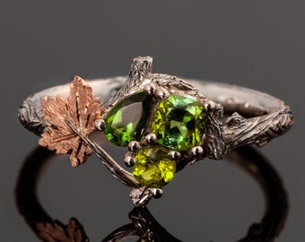 Multi-Stone Maple Leaf Engagement Ring with Multi Colored Green Tourmaline Cluster