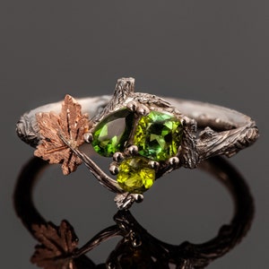 Multi-Stone Maple Leaf Engagement Ring with Multi Colored Green Tourmaline Cluster