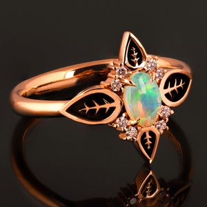 Rose Gold Opal Engagement Ring with Black Leaves