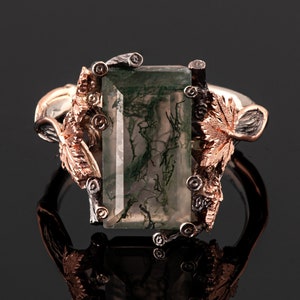 Large Green Moss Agate Twig and Maple Leaves Engagement Ring, Moss Agate Statement Ring