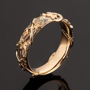 Twig and Maple Leaf Wedding Ring, 18K Gold Bark Wedding Ring