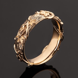 Zweig und Ahornblatt Ehering, 18K Gold Rinde Ehering