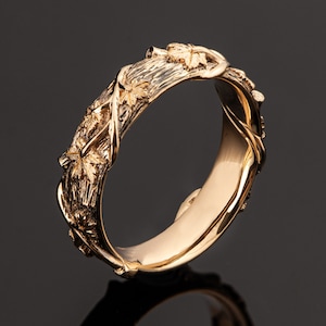 Twig and Maple Leaf Wedding Ring, 18K Gold Bark Wedding Ring