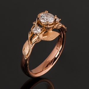 Solid 18k Rose Gold Moissanite and Leaves Engagement Ring