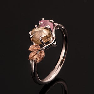 Rough Diamond and Sapphire Cluster engagement ring, Twig and Vine Leaf Cluster Engagement Ring, raw diamond ring image 1