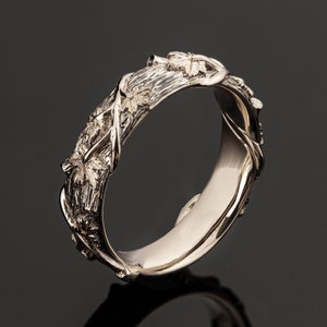Twig and Maple Leaf Wedding Ring, 18K Rose Gold Bark Wedding Ring