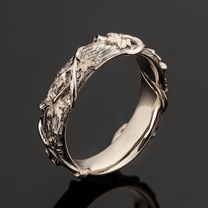 Twig and Maple Leaf Wedding Ring, 18K White Gold Bark Wedding Ring