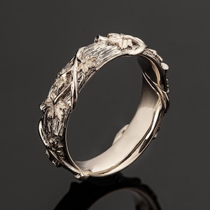 Twig and Maple Leaf Wedding Ring, 18K Rose Gold Bark Wedding Ring